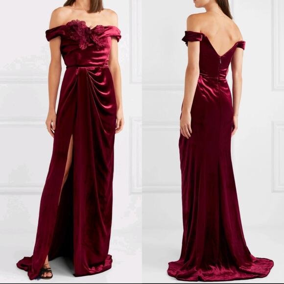 Marchesa Off The Shoulder Floral Appliqued Velvet Gown Burgundy Red Size 10 - Picture 3 of 16